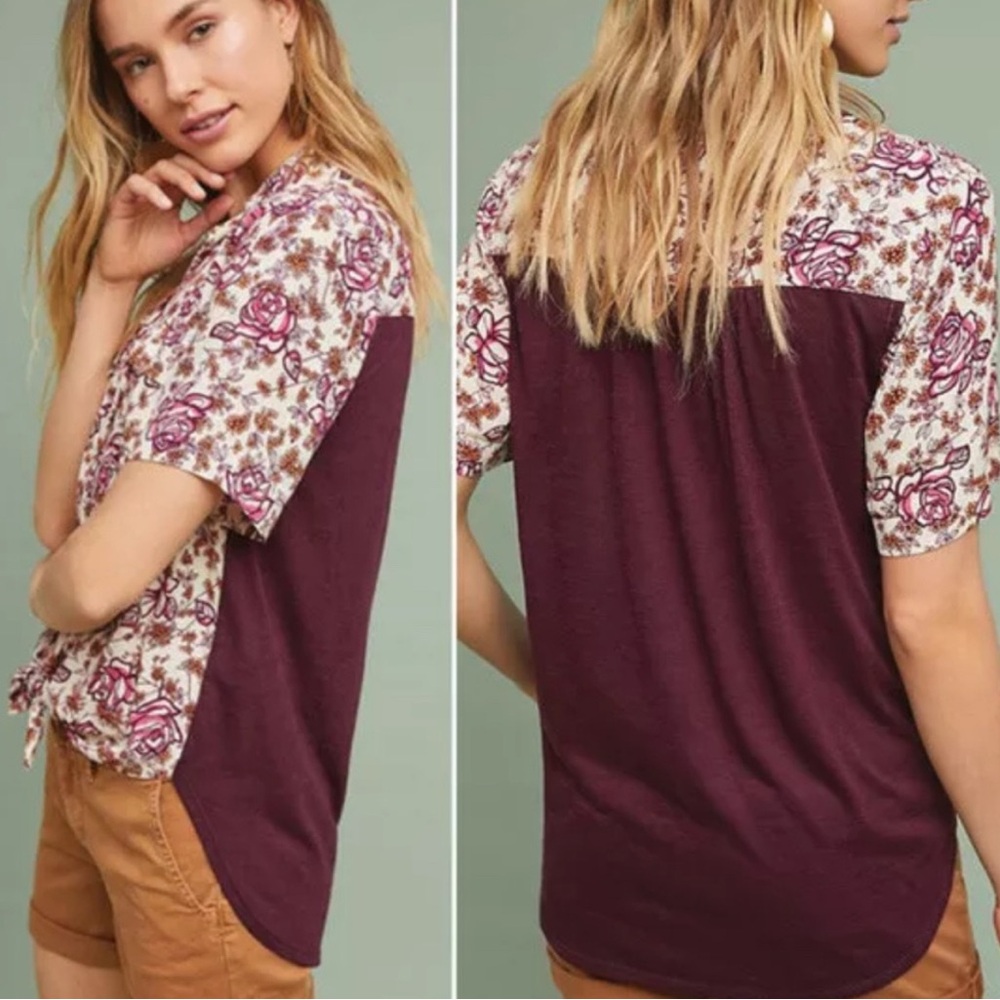 Anthropologie Porridge Floral Burgundy Tie-Front Mixed Media Top Boho Preppy XS